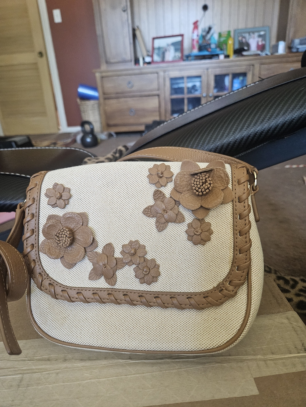 Talbots Leather-Trim Floral Crossbody Bag in Beige and Tan
